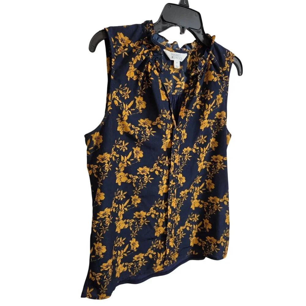 Market & Spruce Floral Sleeveless Ruffle Blouse Navy & Yellow Womens Large - Picture 7 of 14